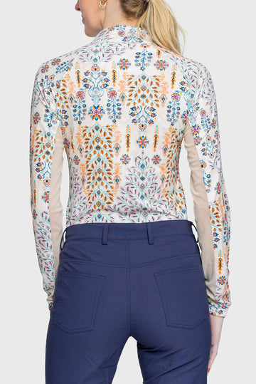 Kastel Denmark Long Sleeve Coral Block Print Floral 1/4 Zip Top